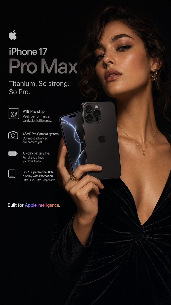 A hyperrealistic Apple iPhone 17 Pro Max advertisement shot in a…