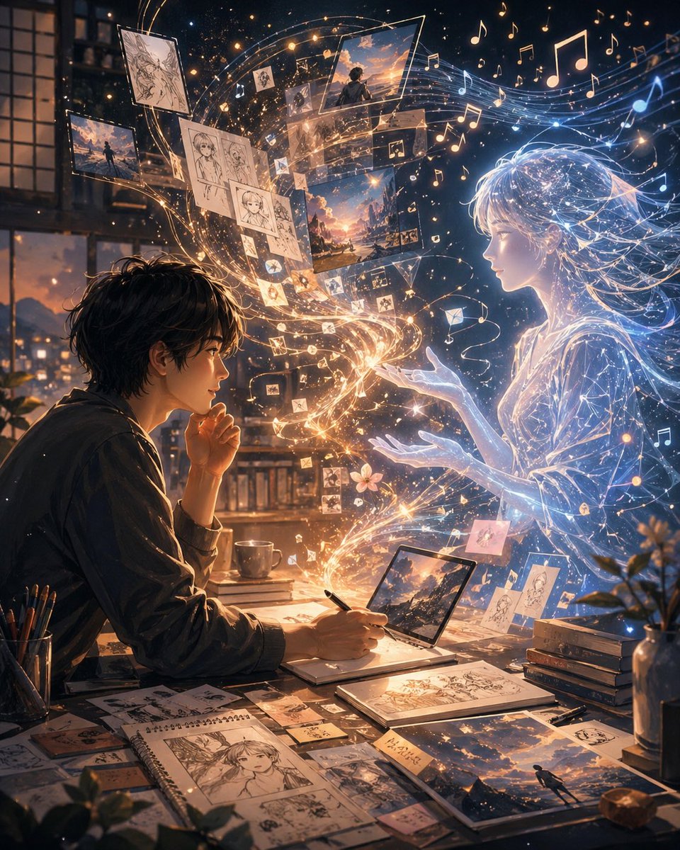 Artist and Ethereal Muse at Night