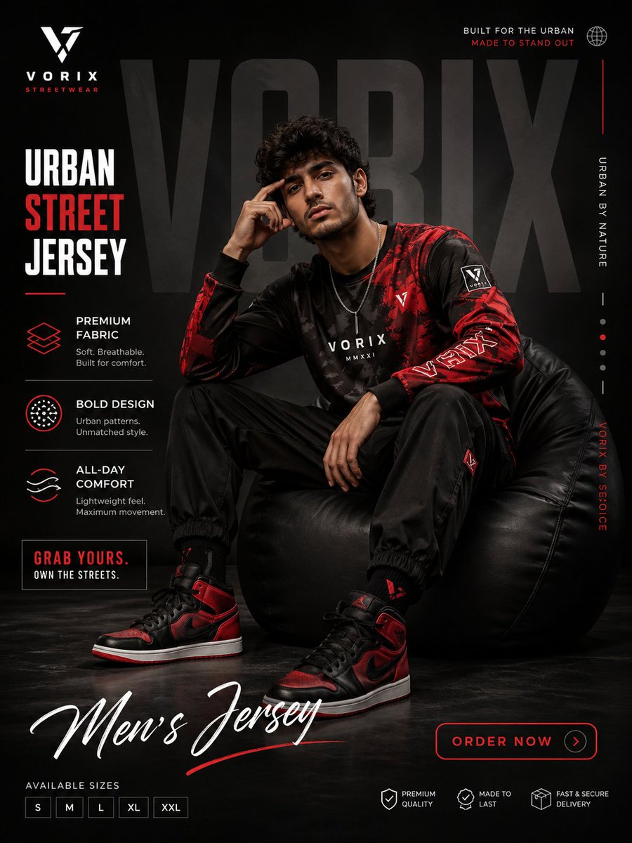 Create a premium high-fashion streetwear promotional poster featuring…