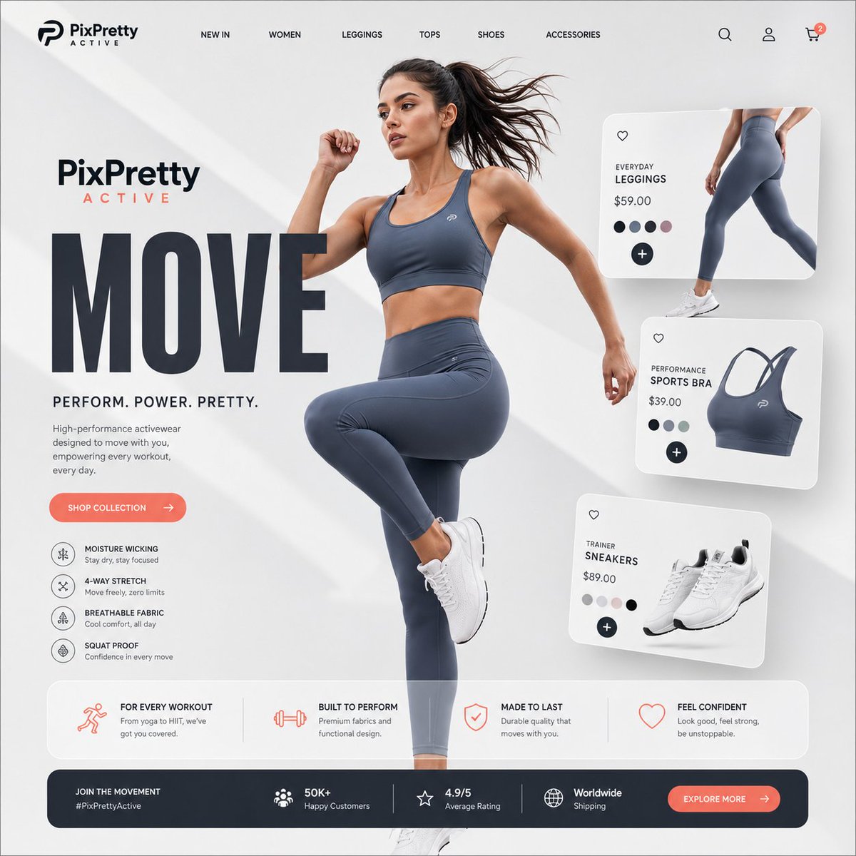 Premium activewear landing page, female model in sleek gym set…