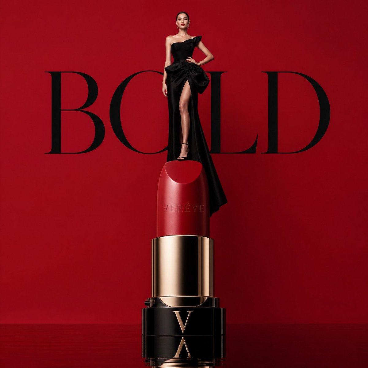 Avant-garde luxury beauty campaign, oversized sculptural red lipstick…