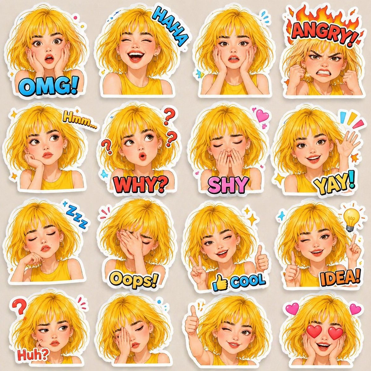 A high-quality 4x4 grid of cute 3D cartoon emoji stickers featuring…