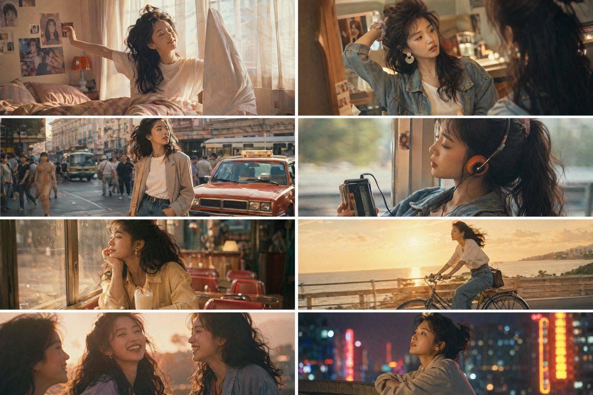 Create a high-quality cinematic storyboard in a soft 1980s-inspired…