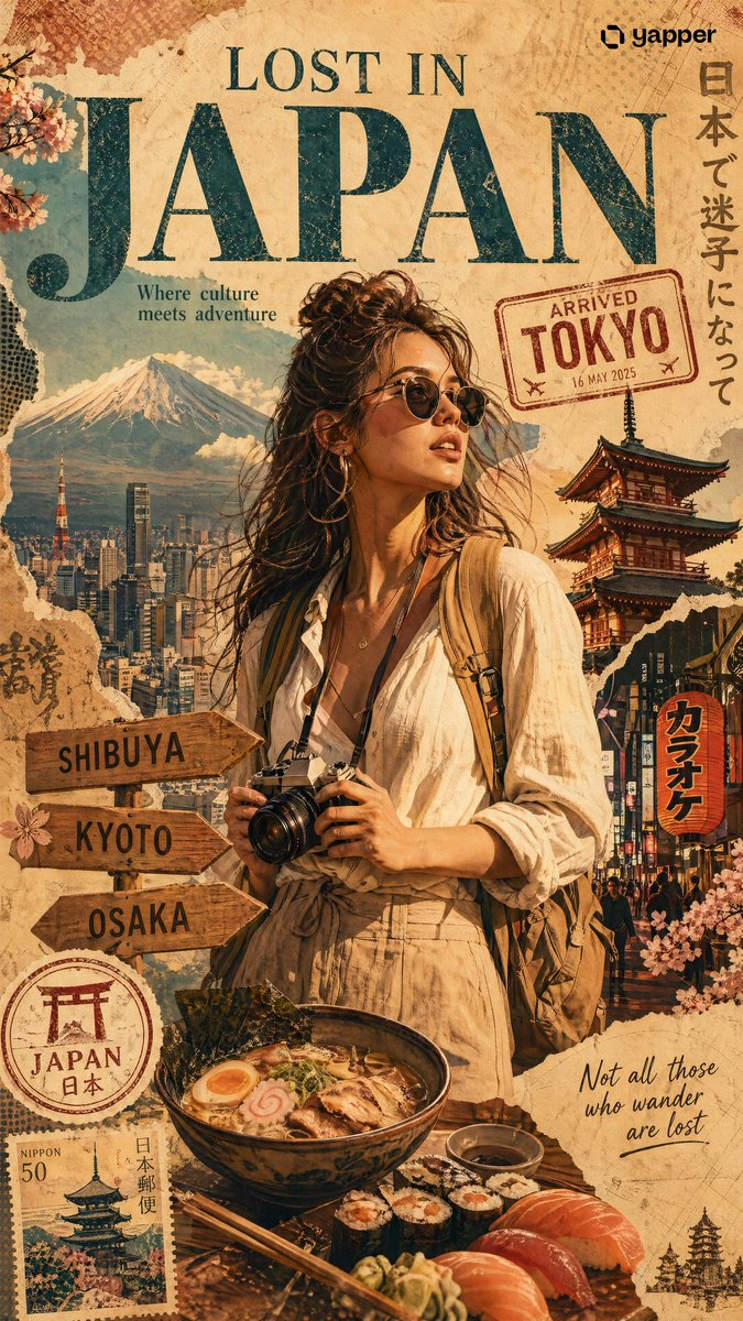 Create a premium stylized travel poster / graphic collage for JAPAN