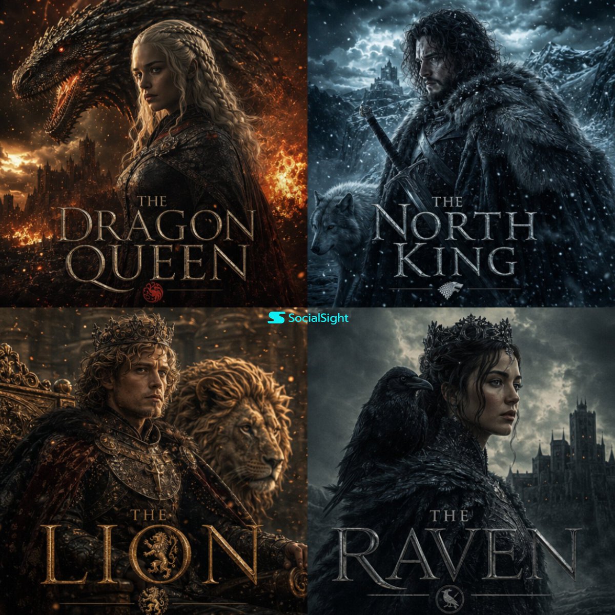 Cinematic fantasy character poster grid, inspired by Game of Thrones,…