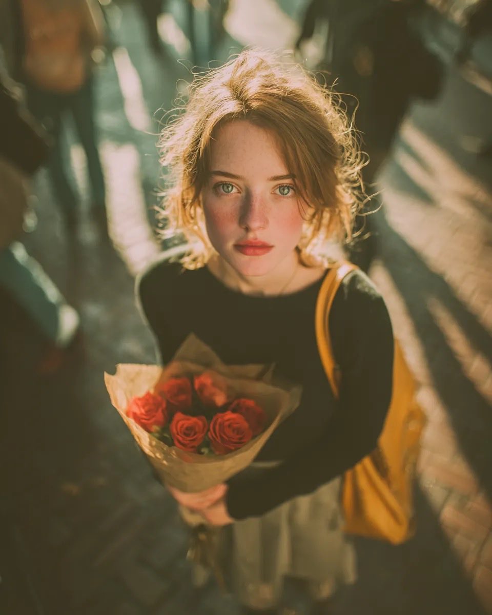 Top-down rose bouquet golden hour