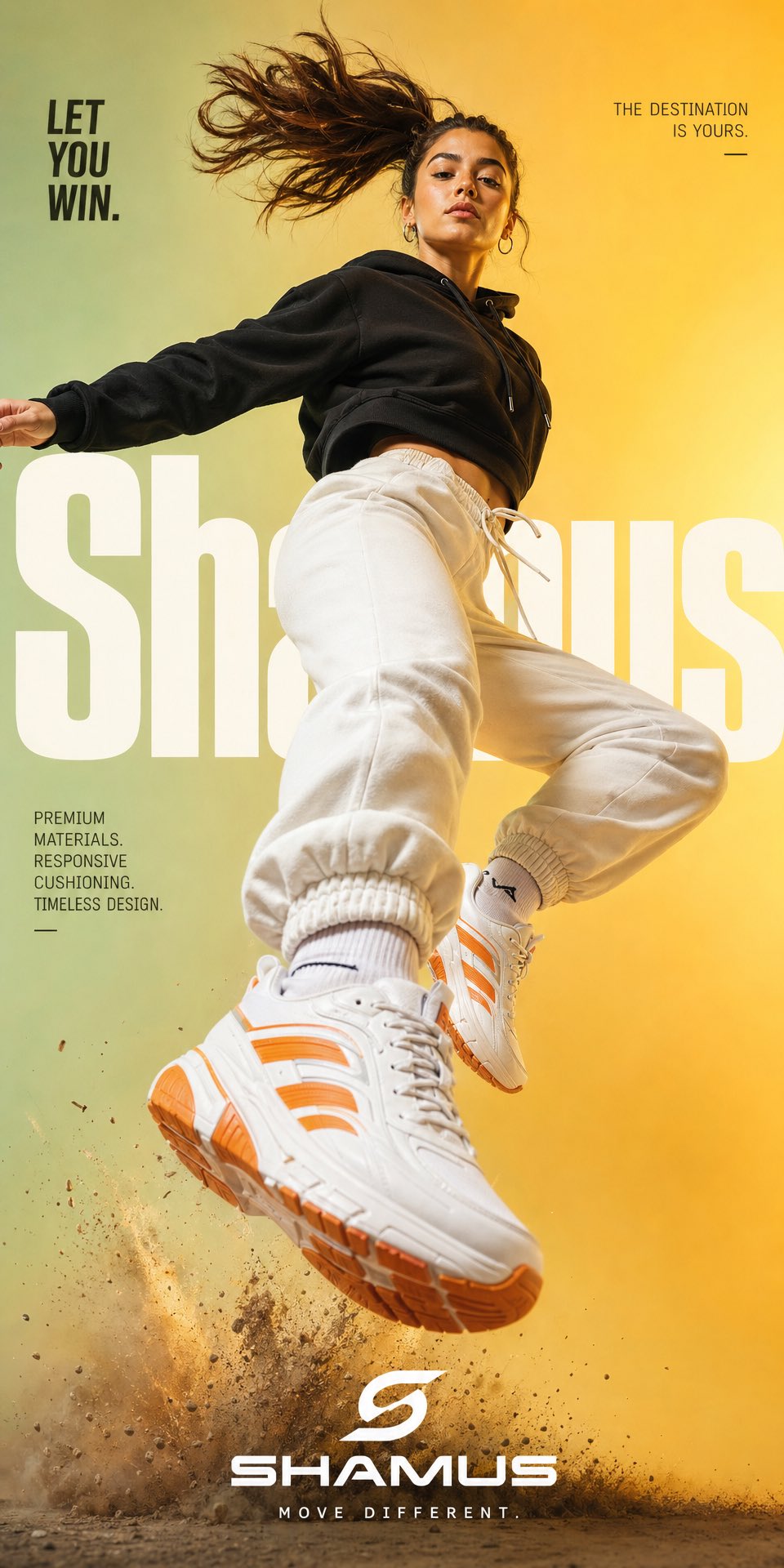 Female mid-air sneaker ad