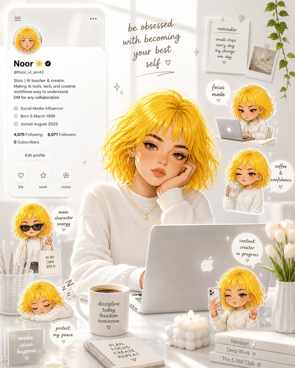 Yellow-haired creator desk illustration