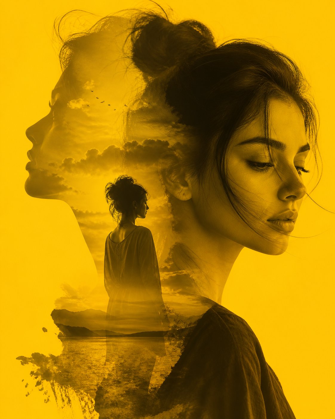Golden double exposure woman portrait
