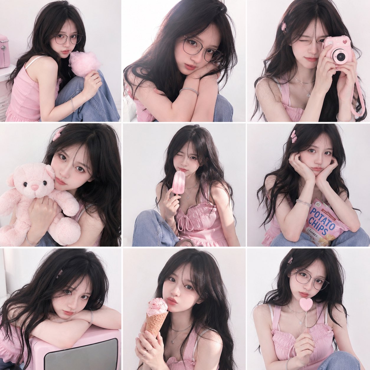 Y2K Korean soft-girl 3x3 photo grid