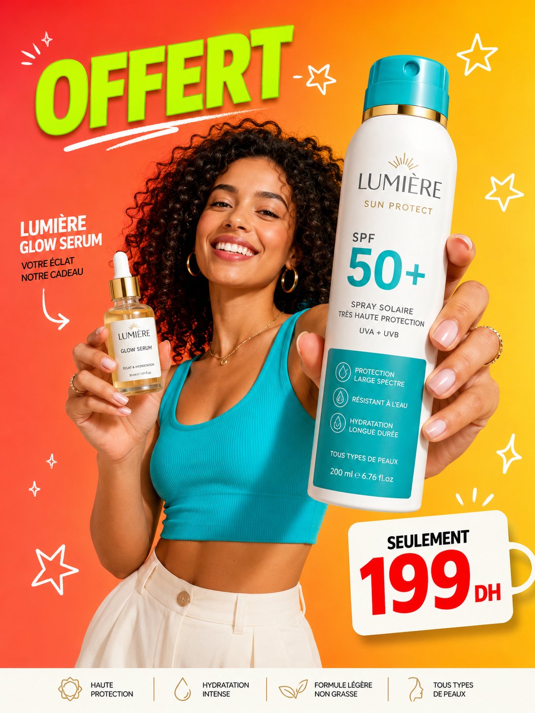 Vibrant beauty product ad with curly-haired model