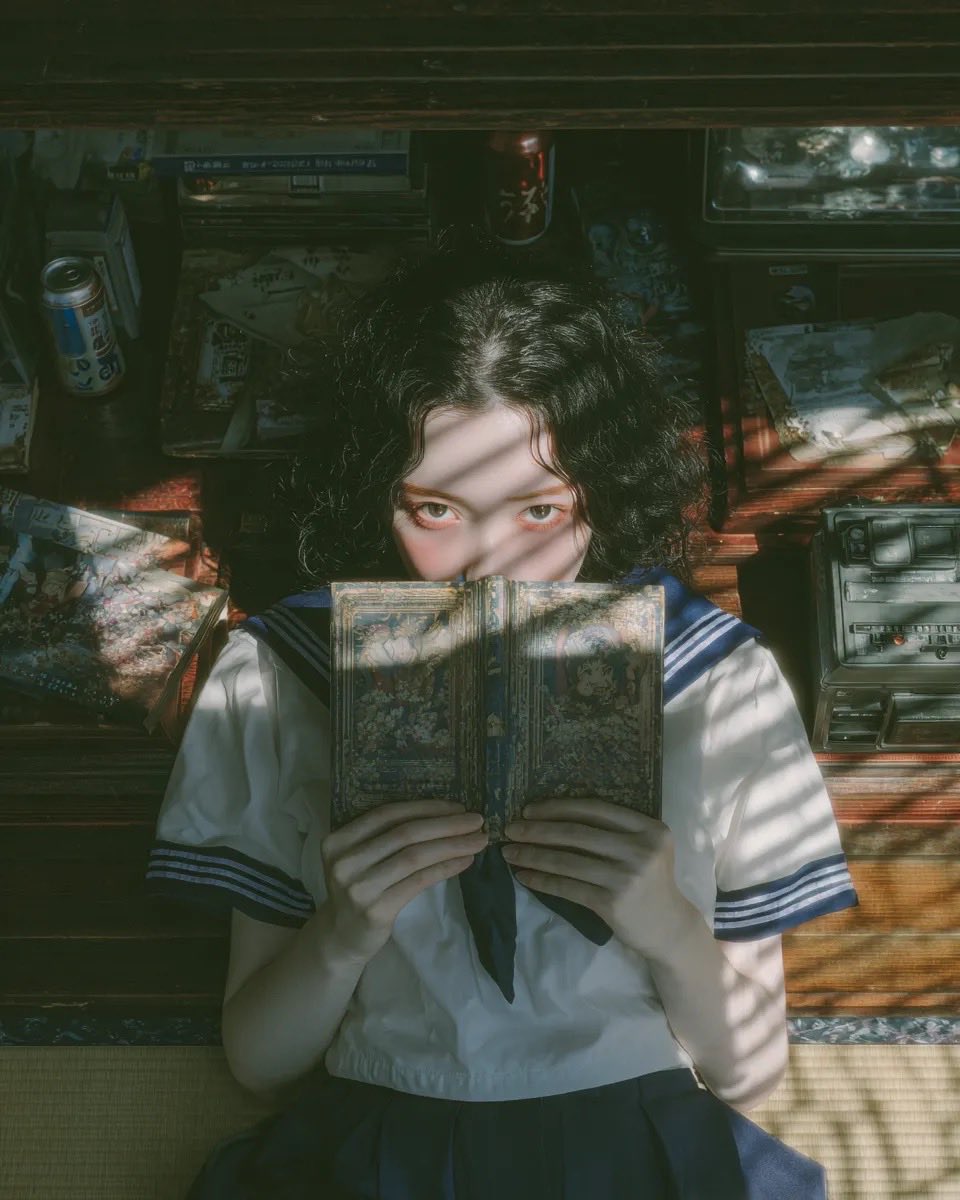 Japanese schoolgirl manga overhead tatami portrait