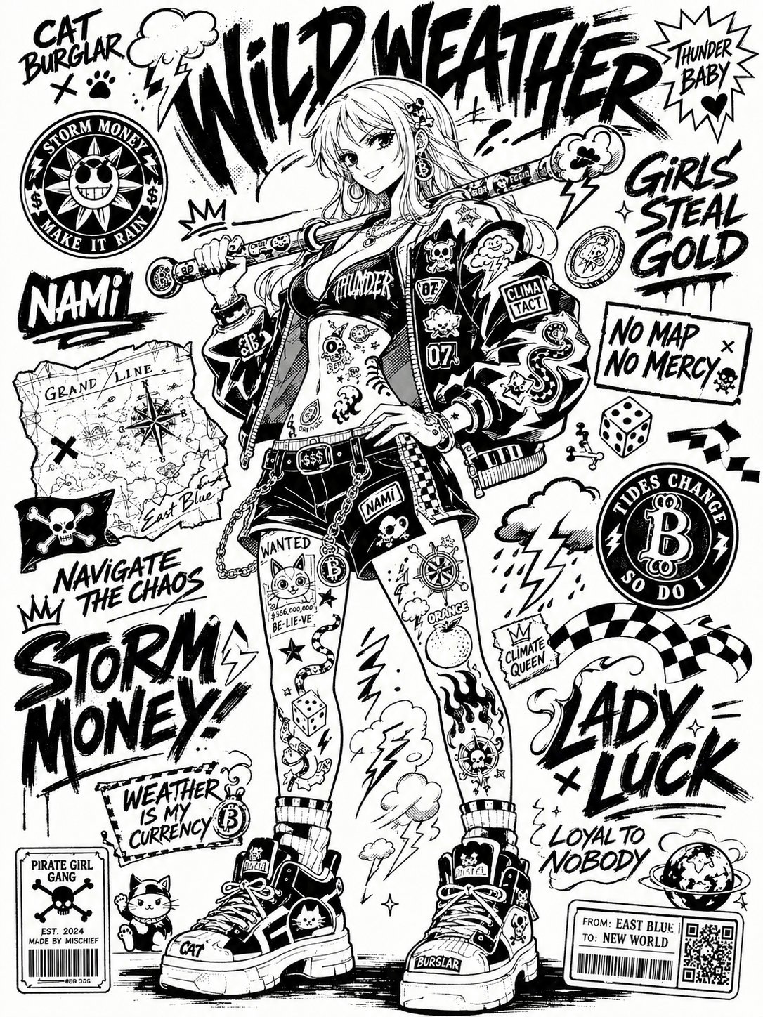 Black-and-white sticker-bomb street poster