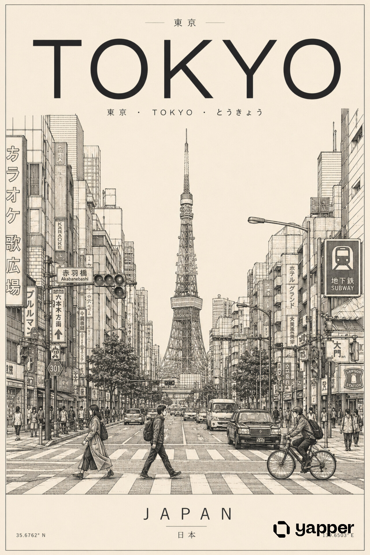 Minimalist Tokyo travel poster line art