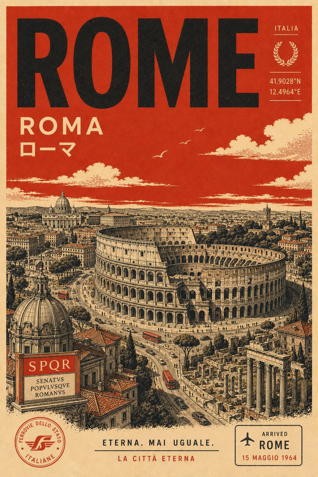 Retro mid-century city travel poster