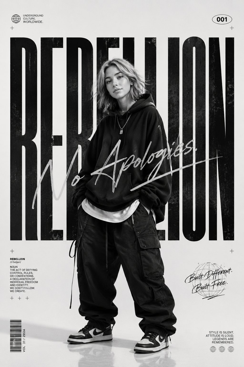 Monochrome streetwear editorial poster portrait