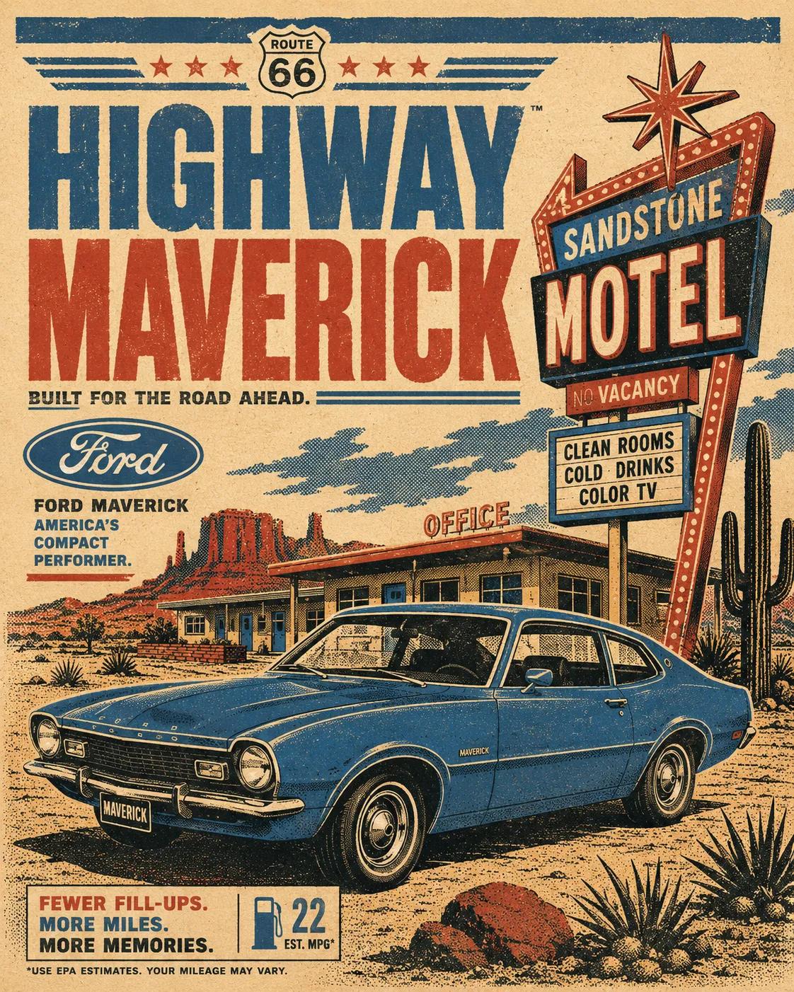 Retro 1970s silkscreen automotive travel poster