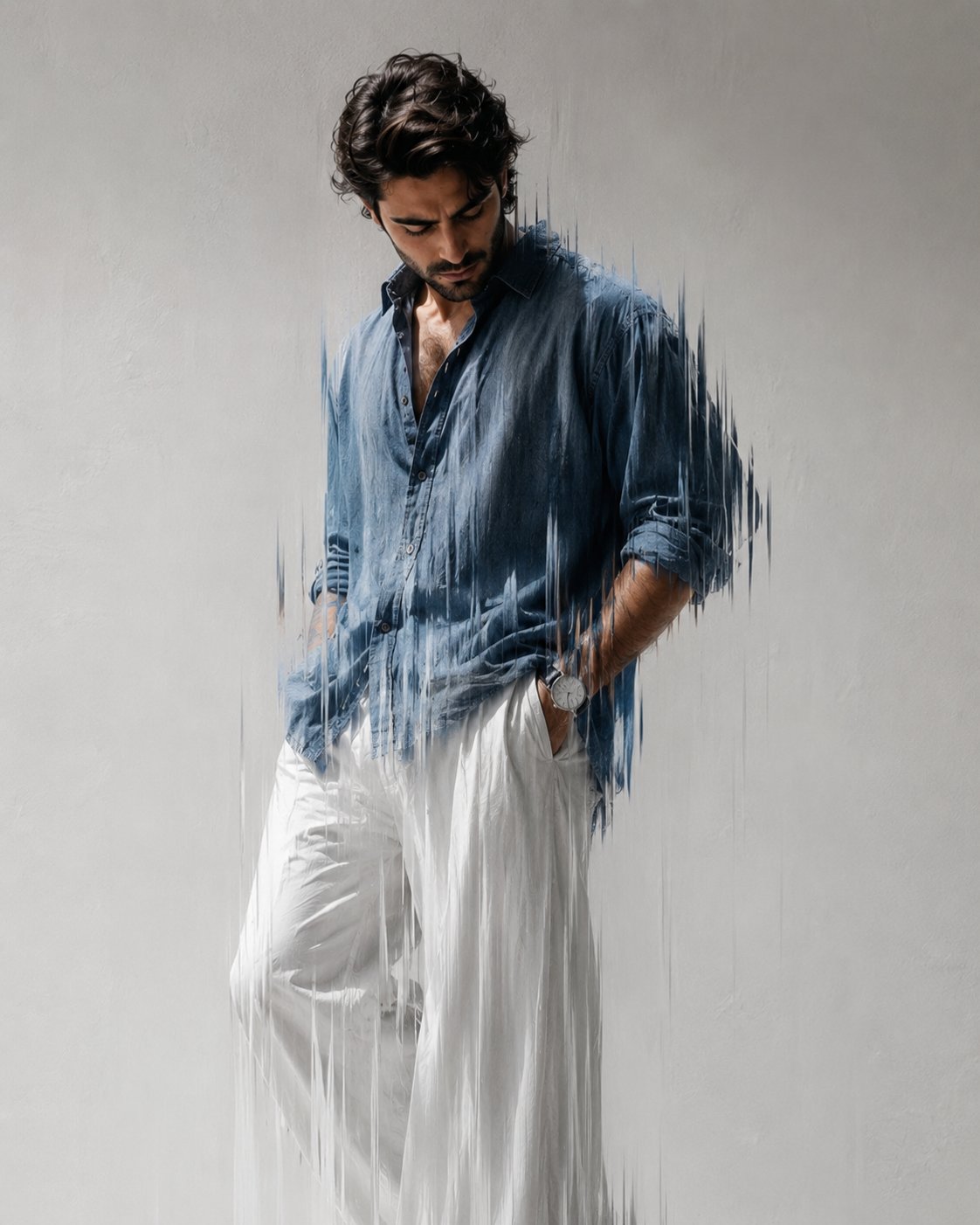 Glitch motion-blur editorial fashion portrait