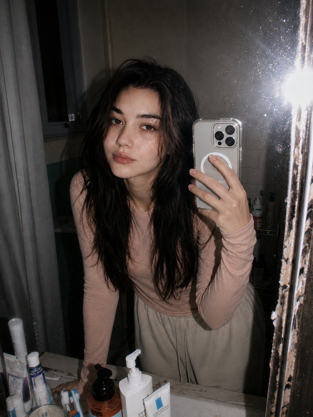 Disposable-flash bathroom mirror selfie portrait
