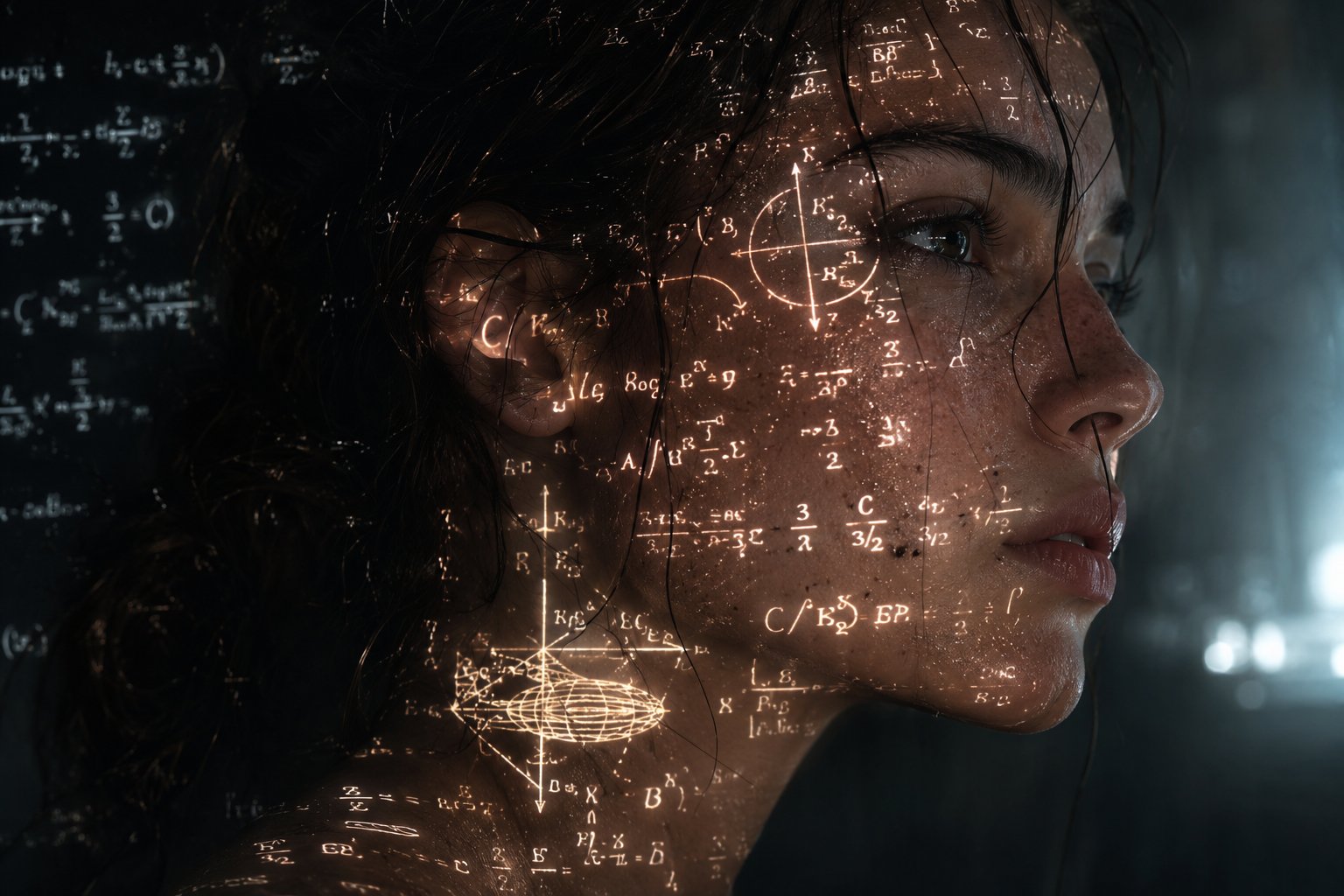 Cyberpunk sci-fi portrait with math equations