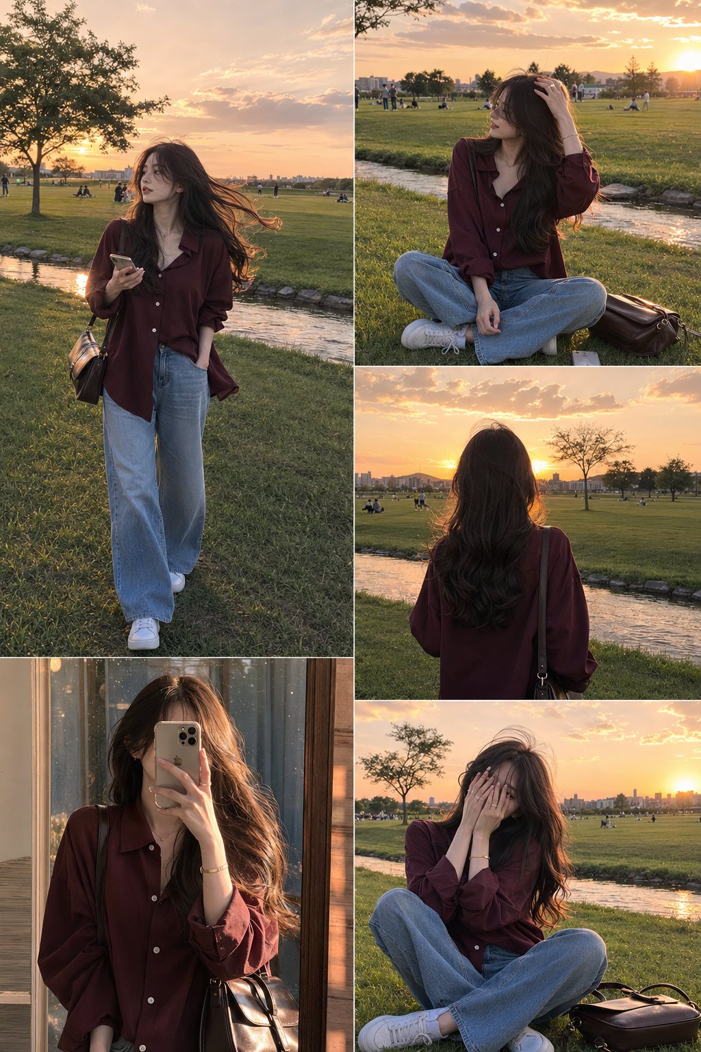 Korean fashion collage at golden hour
