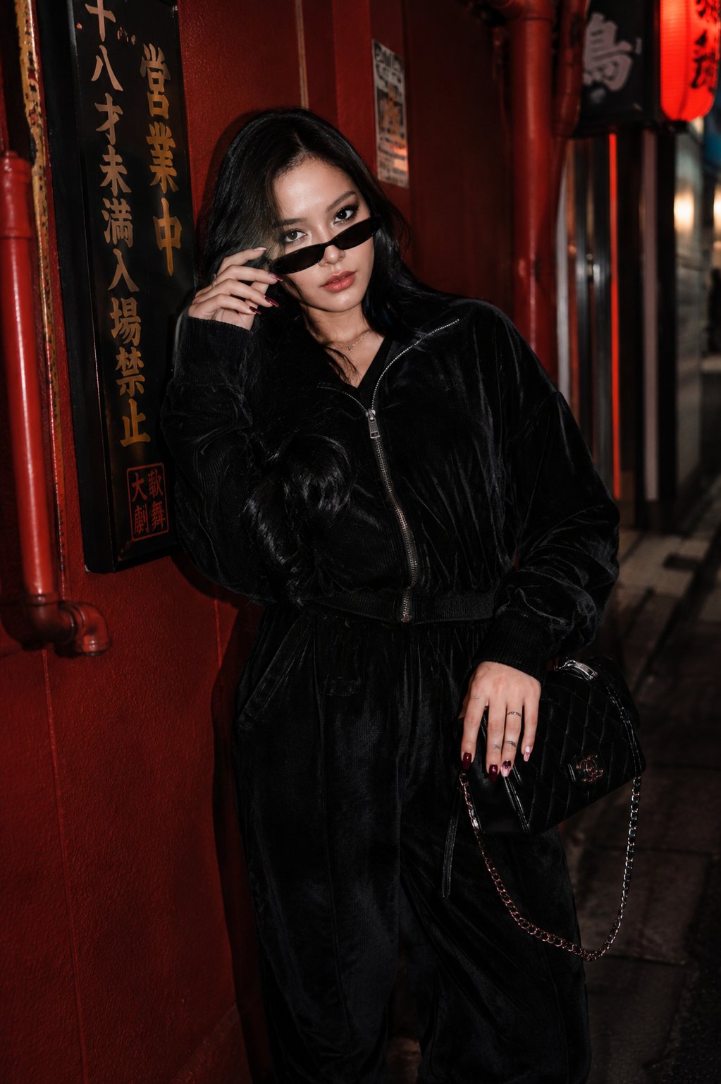 Tokyo night street fashion portrait with sakura nail art