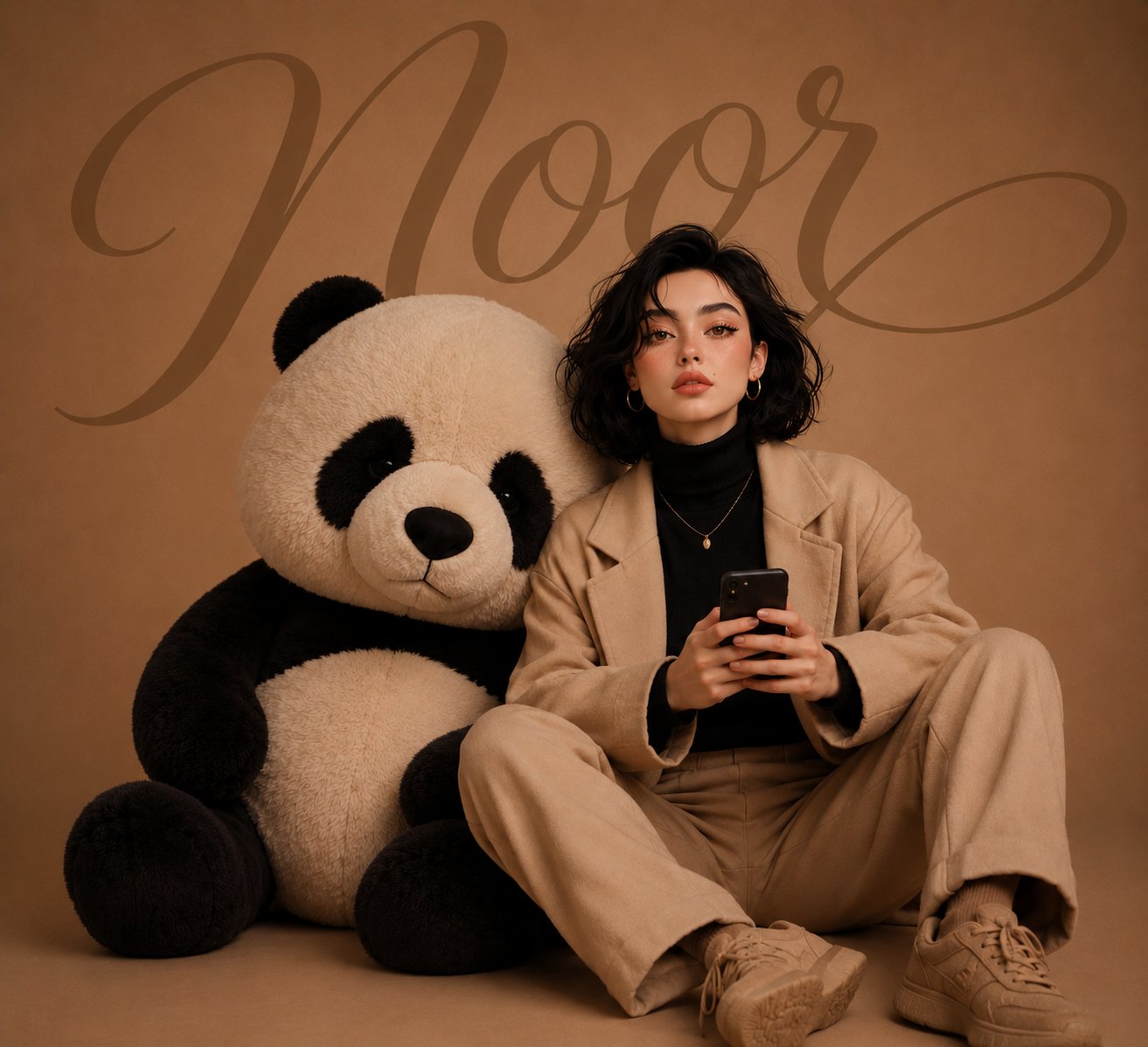 Luxury editorial portrait with oversized panda plush