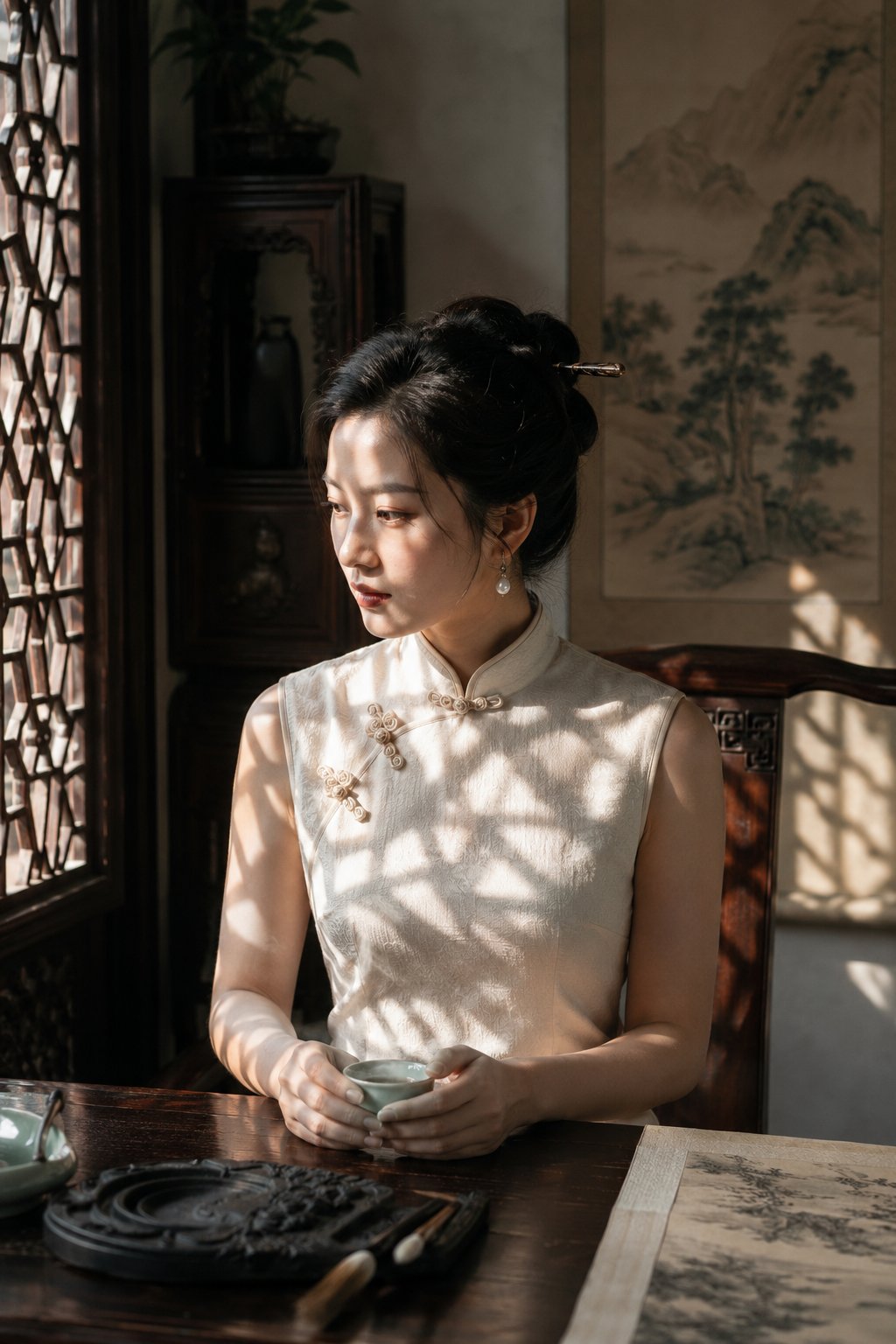 Suzhou garden qipao portrait with lattice light