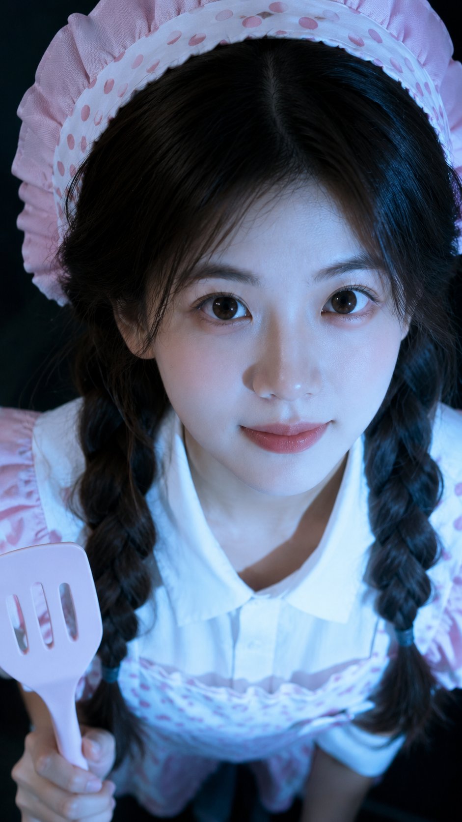 Maid-style portrait under cool blue flash