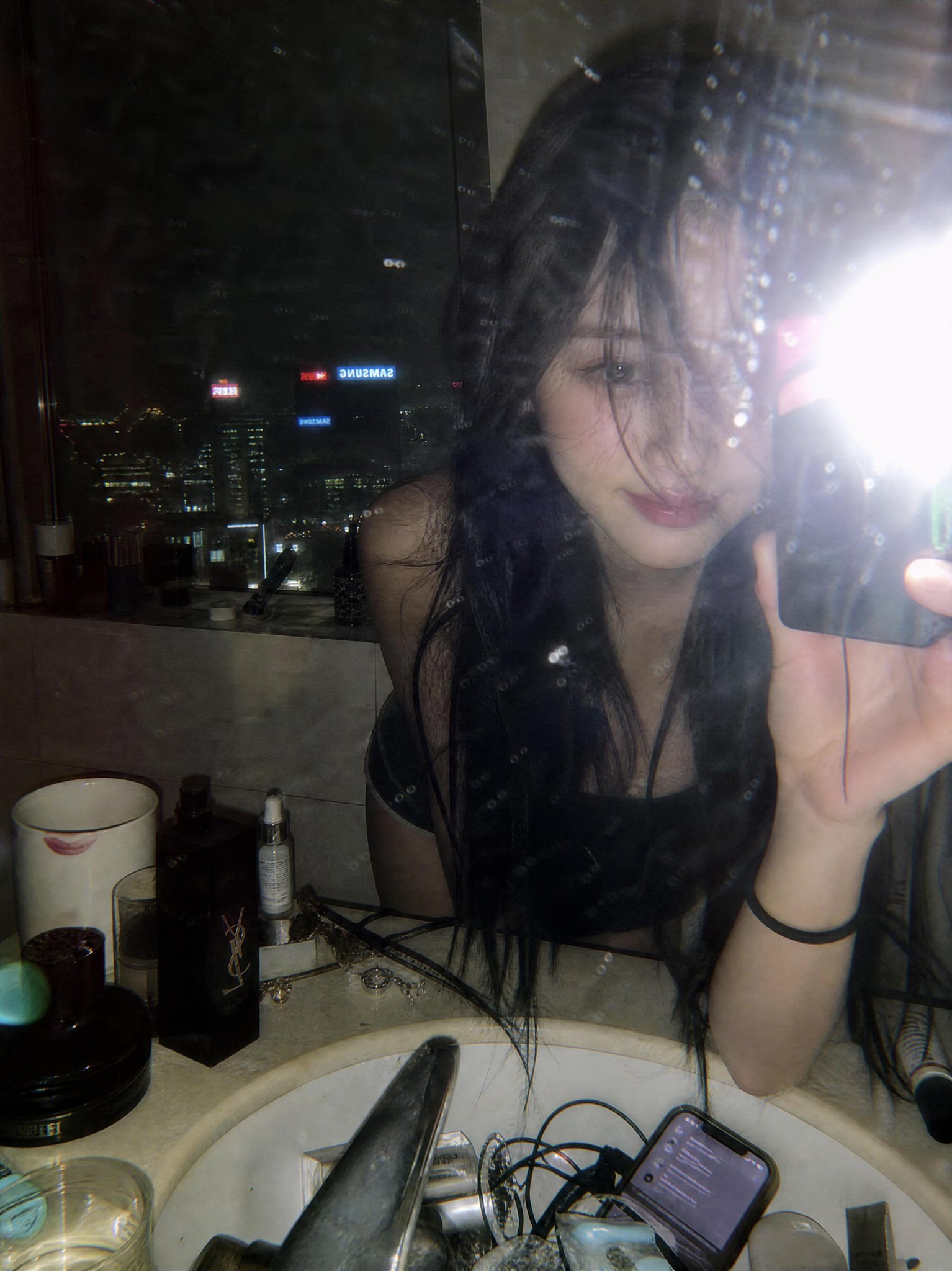 Y2K flash mirror selfie luxury bathroom