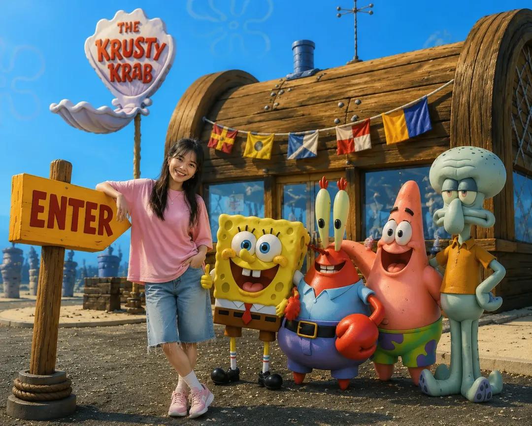 Asian woman with 3D claymation SpongeBob