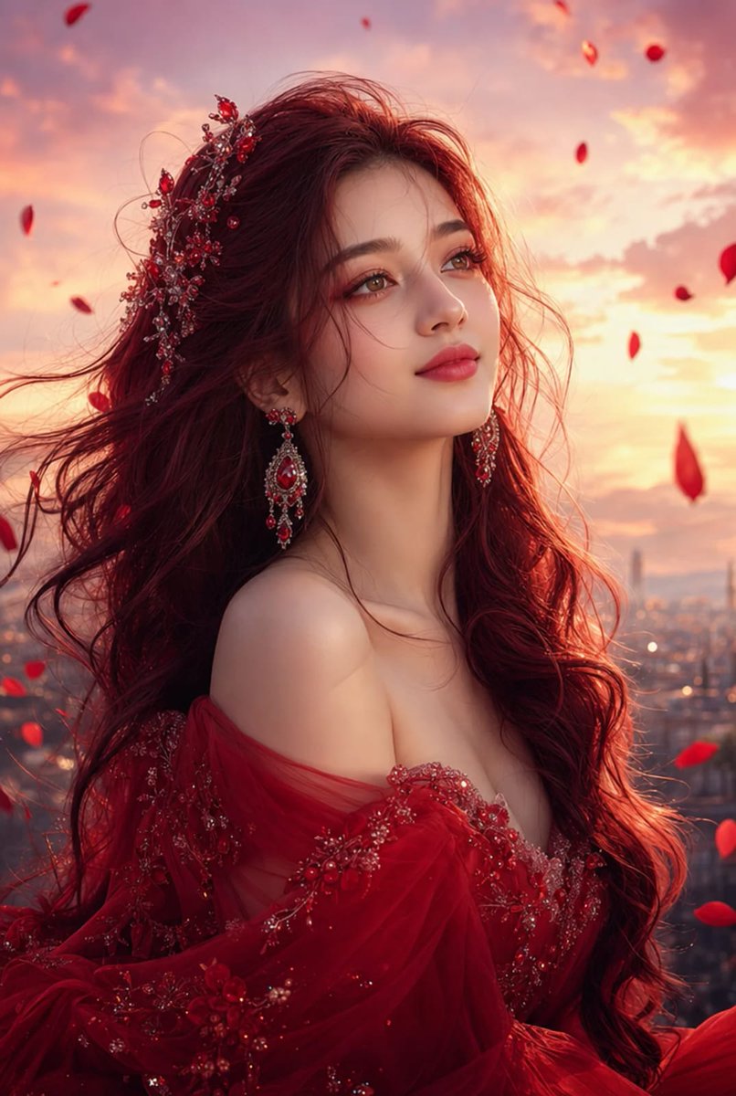 Woman with Crimson Hair and Ethereal Features