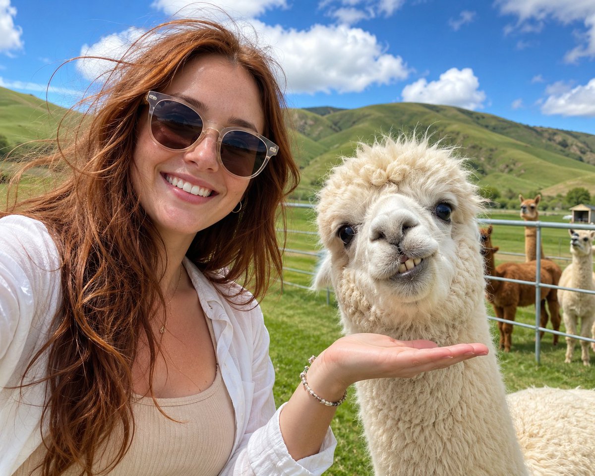 Woman with Alpaca Sunny Outdoor Selfie