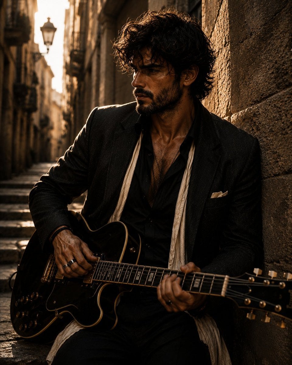 Cinematic Portrait of a Stylish Man with Guitar