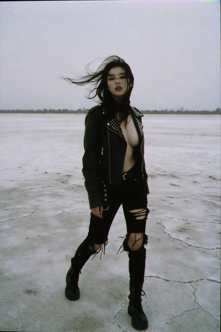 VHS punk streetwear portrait on salt flats