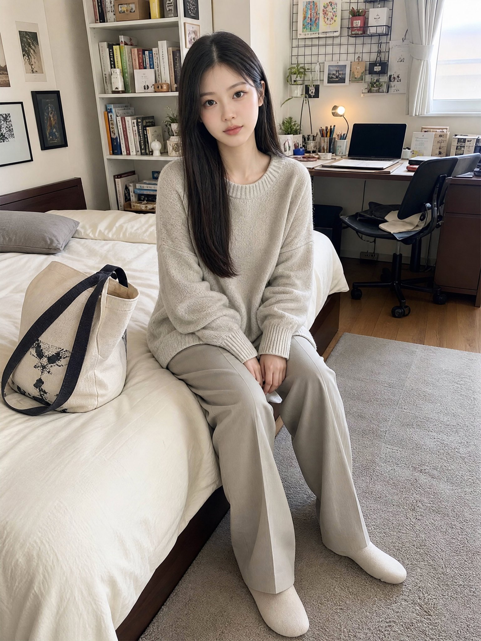 Cozy bedroom iPhone snapshot of japanese woman