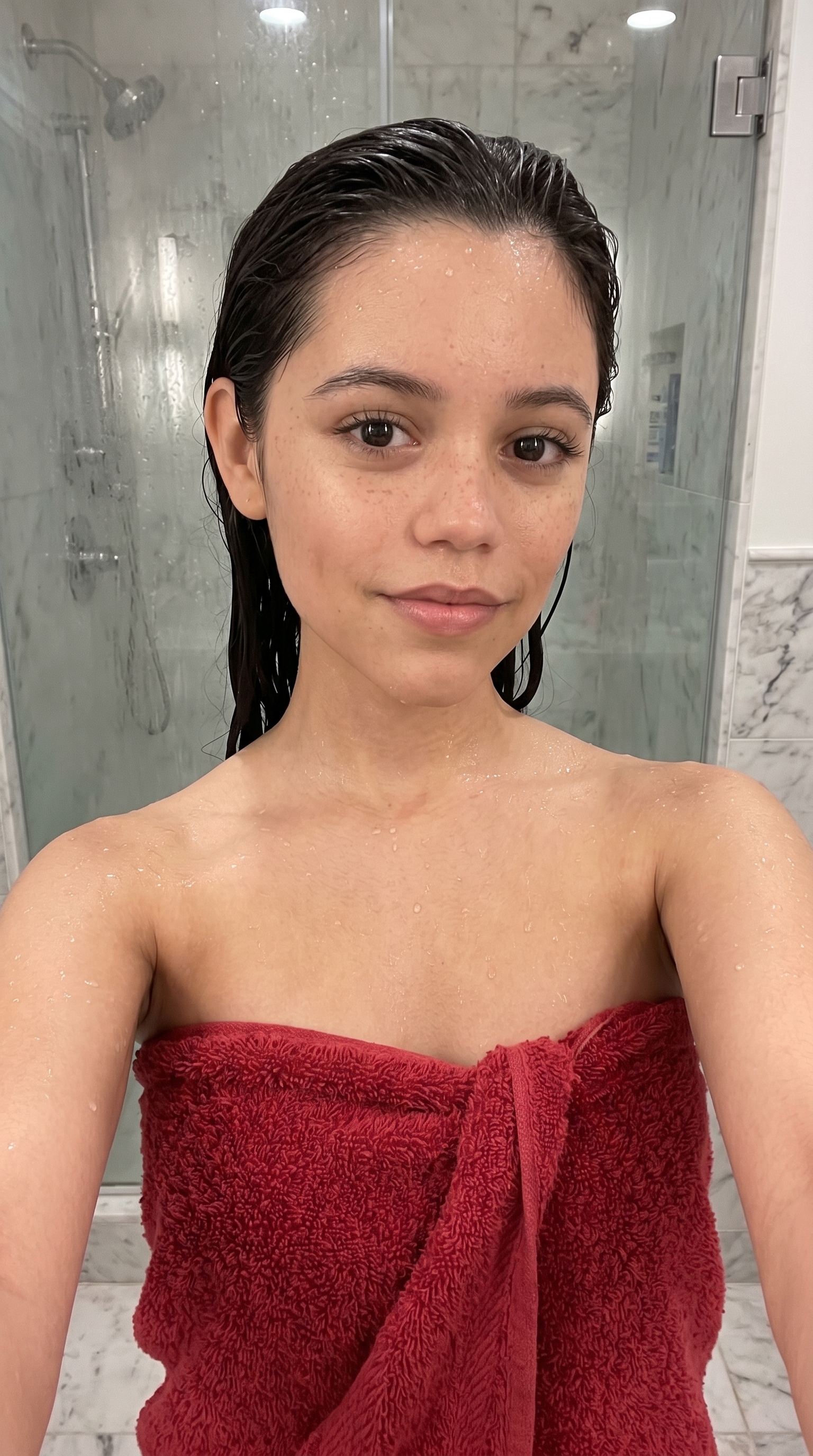 Wet-skin post-shower towel selfie