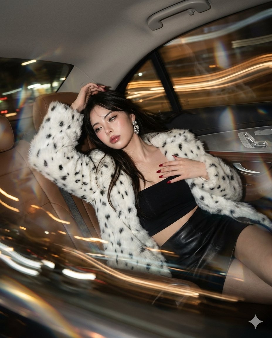 Luxury car backseat night-glam portrait