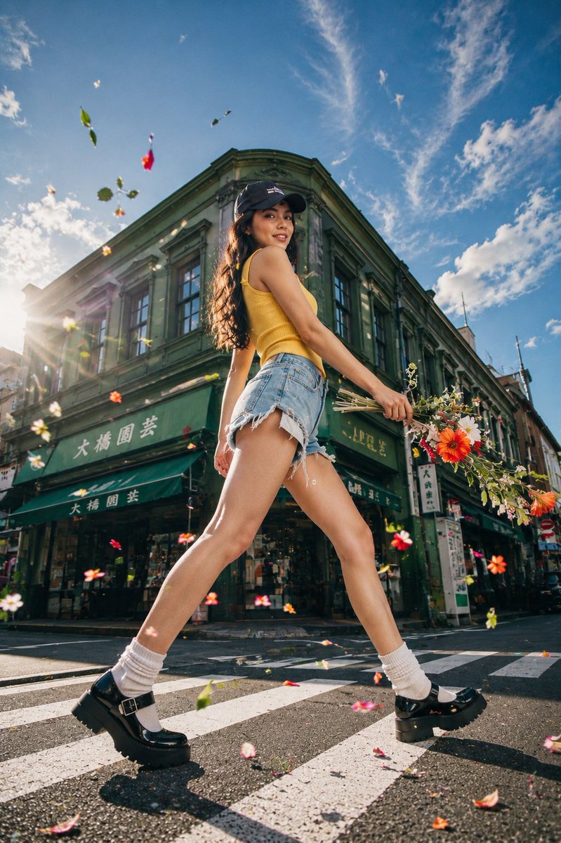 Low-angle street fashion editorial