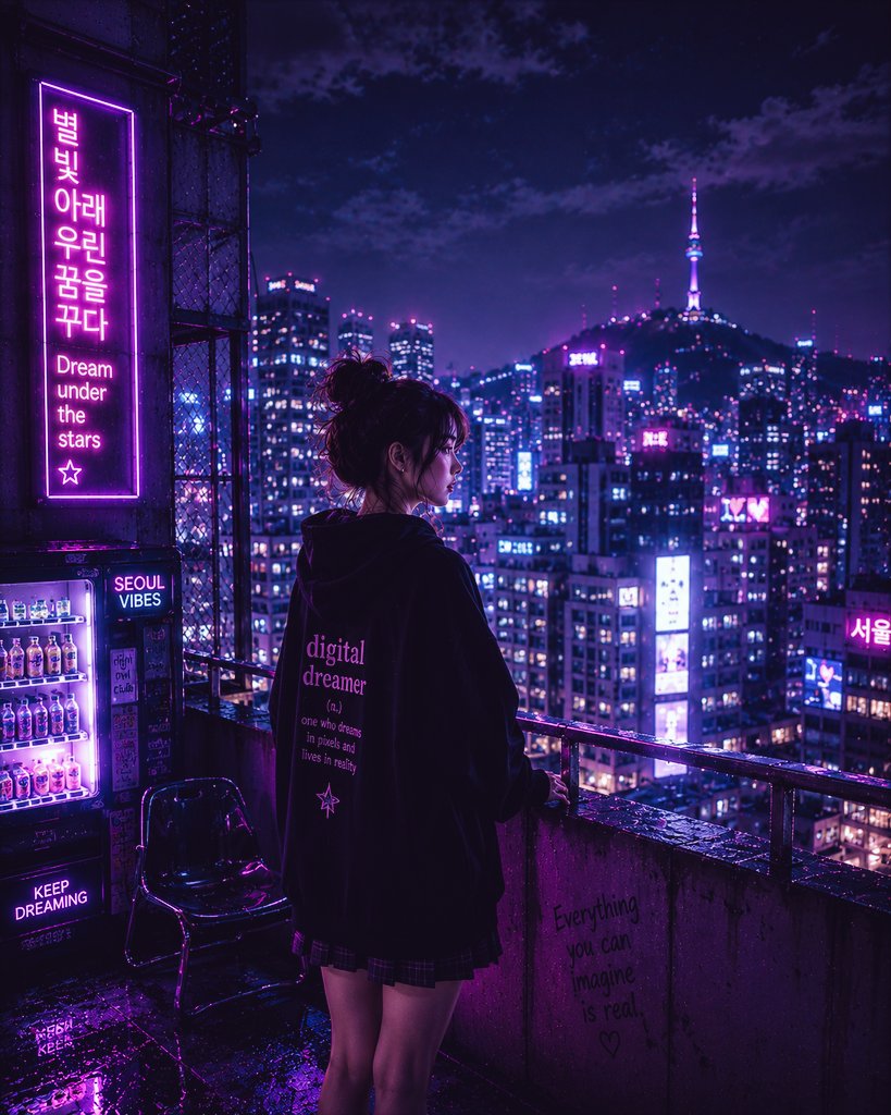 Neon Seoul rooftop girl