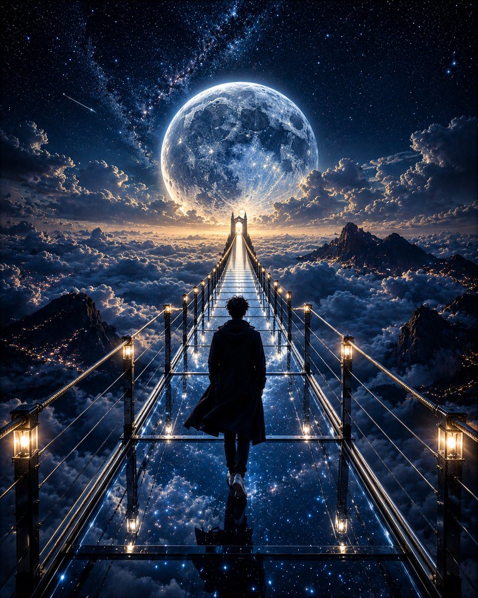 Moonlit glass bridge traveler