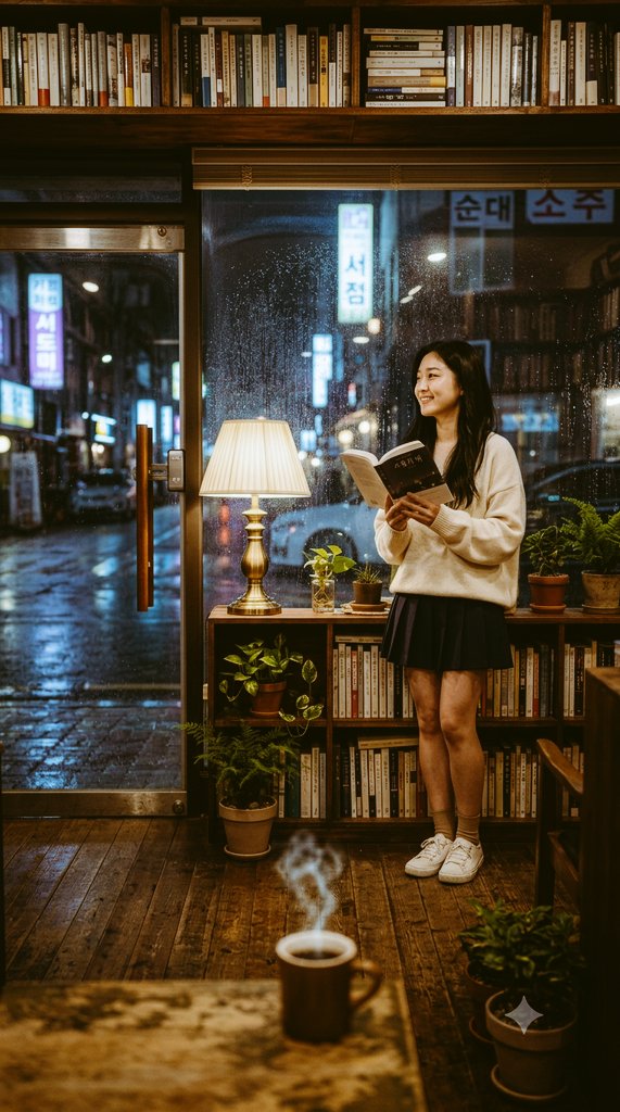 Rainy Seoul bookstore portrait
