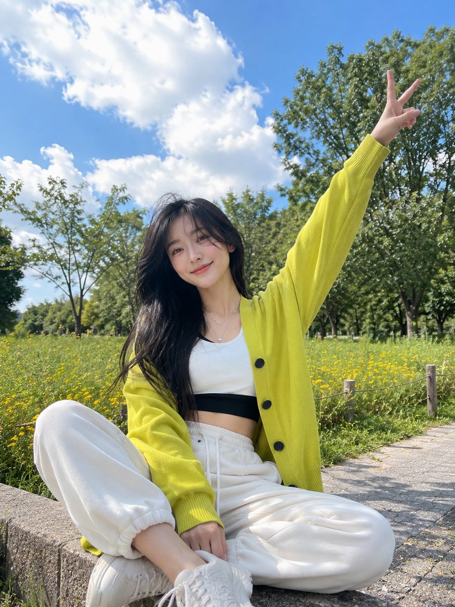 Neon cardigan garden portrait