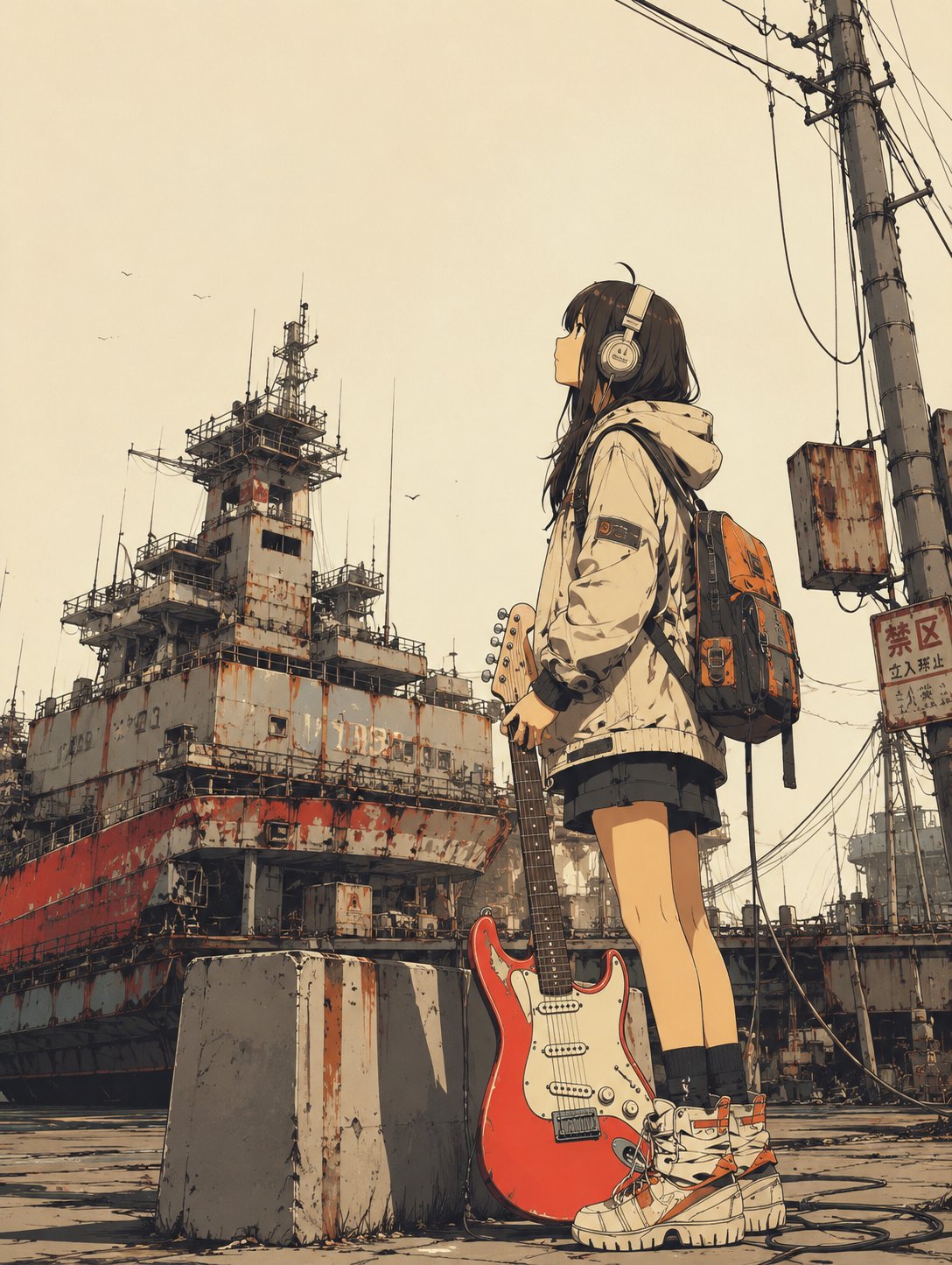 Anime dockyard guitar girl