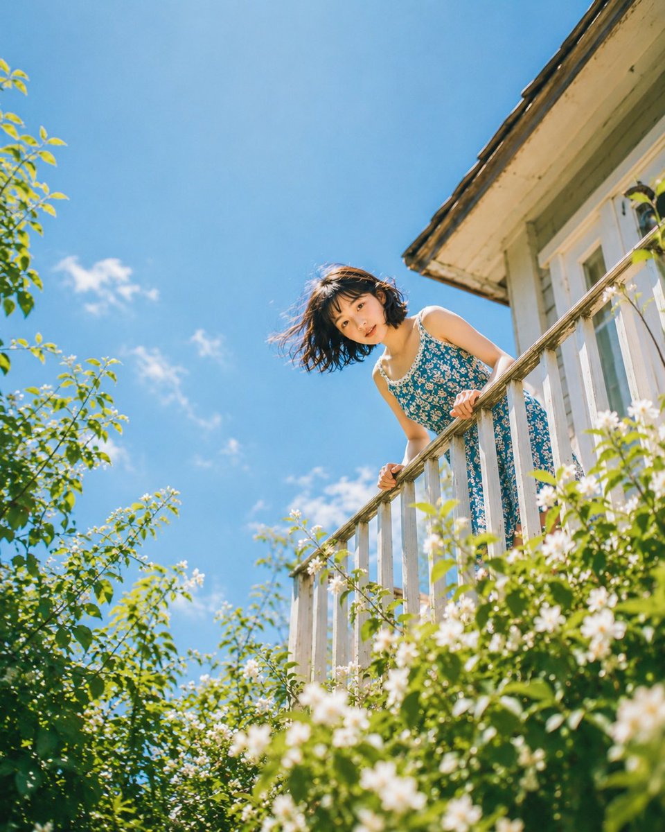 Low angle balcony flower portrait