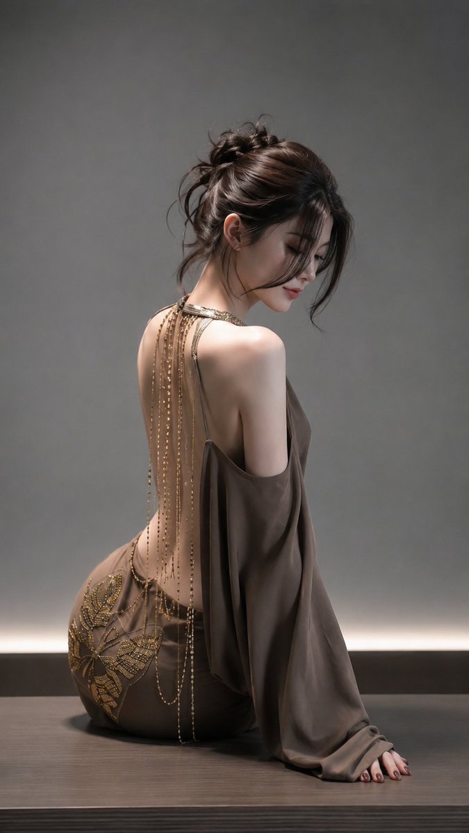 Taupe open-back fashion portrait