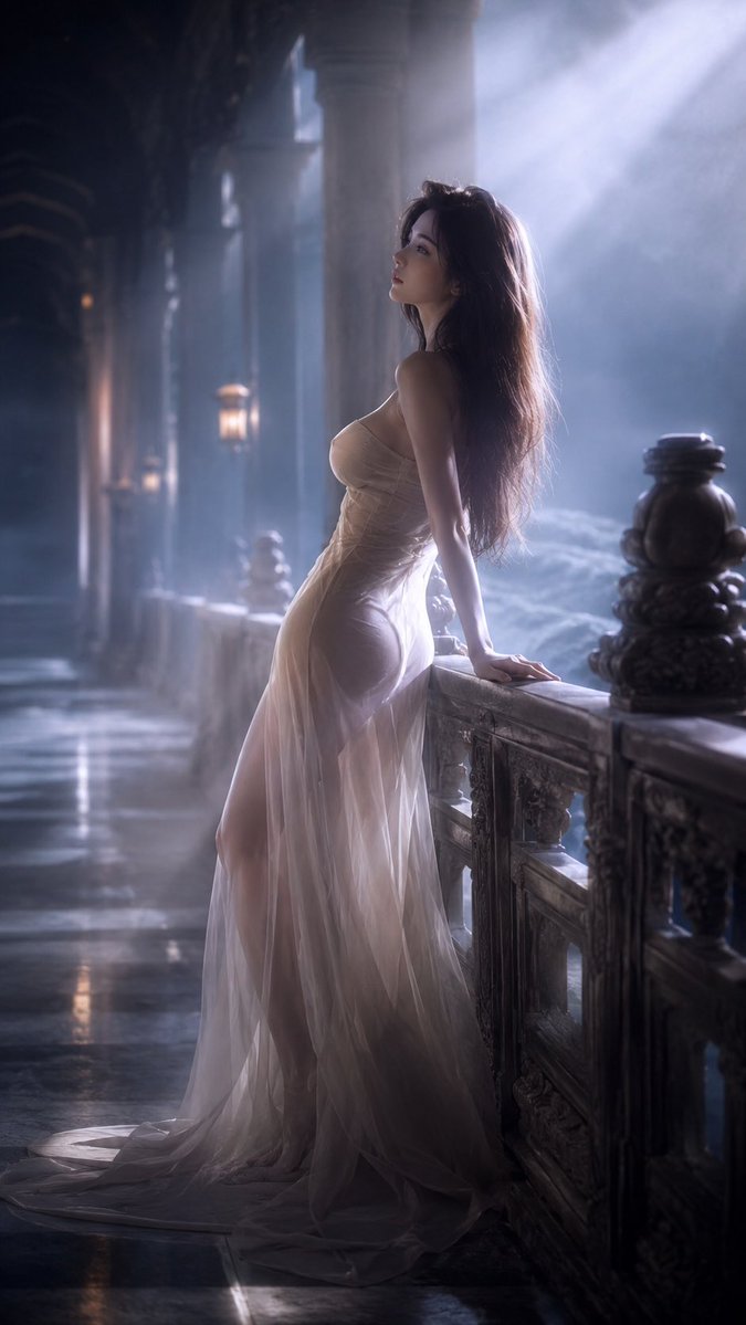 Elegant East Asian Woman At Stone Balcony