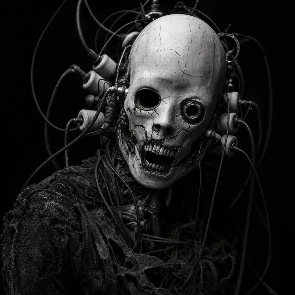 Monochrome cybernetic horror portrait