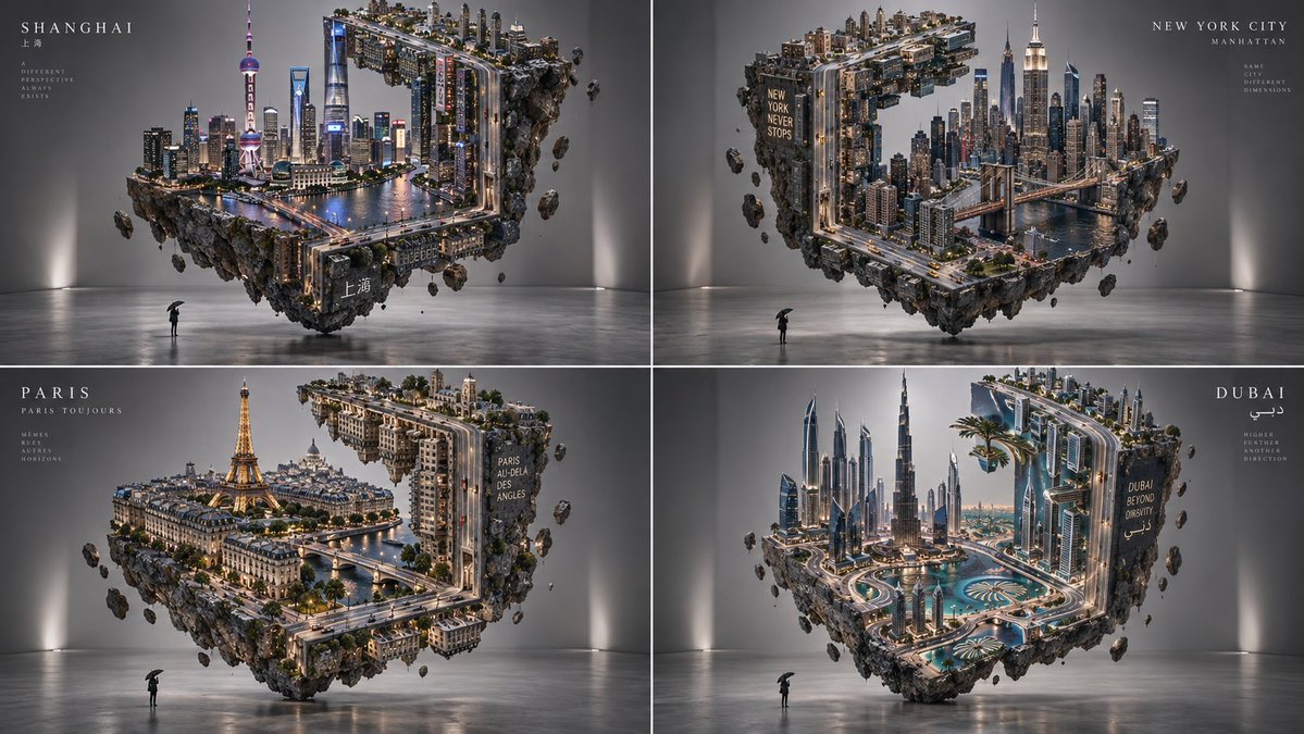 Floating Diorama Grid Of Iconic Cities