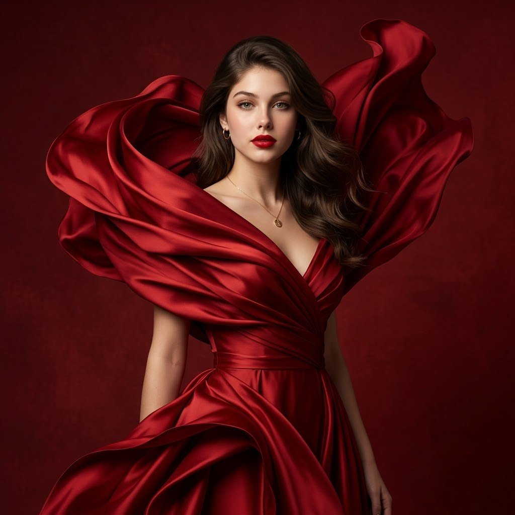 Product Marketing - Luxury Crimson Silk Gown Portrait